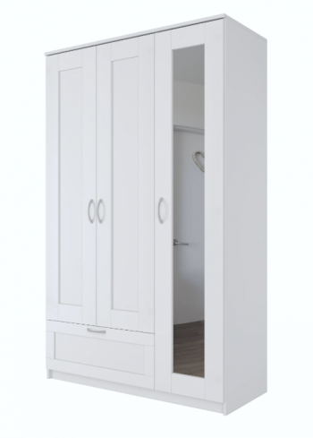 Шкаф трехдверный Сириус с зеркалом и 1 ящиком белый в Курагино - kuragino.mebel54.com | фото